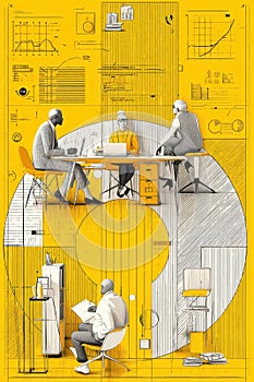 Collaborative team meeting with creative visuals and analytics on a vibrant background