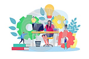 Creative teamwork for main business idea, vector illustration. People help generate project concept idea. Woman working.