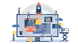 Creative teamwork vector business PC computer office illustration. Man and woman with data desk and rocket. Finance analysis