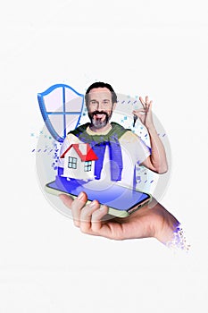 Creative tech collage of aged man artificial intelligence advertise private home security system new modern technology