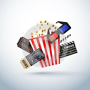 Creative template for cinema poster, banner with ticket, 3D glasses, clapboard, and popcorn.