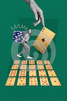 Creative template collage of funny risky woman playing black jack poker game and holding stack chips isolated on green