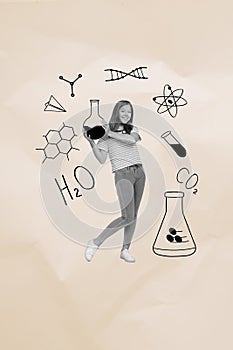 Creative template magazine collage of black white teenager student clever make chemistry experiment in class lab