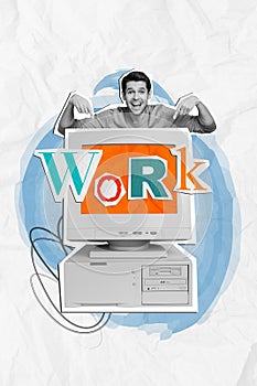 Creative template photo collage of young guy business worker direct fingers retro computer monitor oldschool job