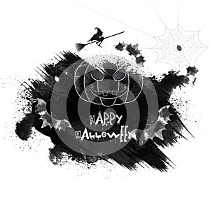 Creative text Happy Halloween with pumpkin, bats and witch flying broom.