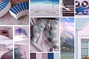 A creative themed mood board with inspiring color gradients in blues, browns and creams. The sea, mountains, music and