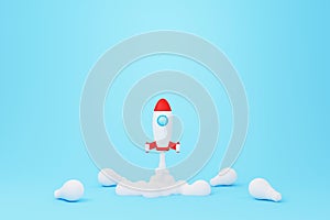 Rocket flying on blue background and white light bulb