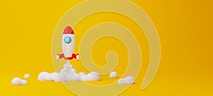 Creative thinking ideas and innovation concept. Rocket flying on yellow background