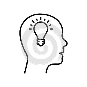Creative Thinking Line Icon. Lightbulb in Human Head Linear Pictogram. Innovation Science Idea Outline Sign