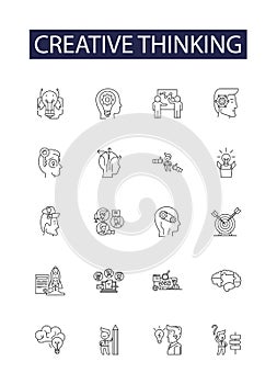 Creative thinking line vector icons and signs. Brainstorming, Innovating, Designing, Inventing, Conceptualizing