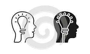 Creative Thinking Pictogram. Innovation Science Idea Sign. Lightbulb in Human Head Silhouette and Line Icons Set