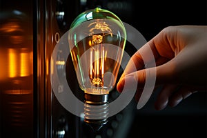 Creative toggle switches Womans hand activates idea bulb symbol, representing innovation