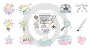 Creative tools and laptop with workspace illustration