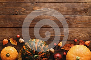 Creative Top view flat lay autumn composition. Frame border made of pumpkins, dried fall leaves, red berries, apples, walnuts on