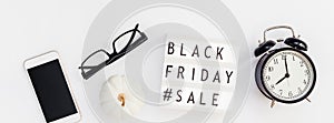 Creative Top view flat lay promotion composition Black friday sale text lightbox white background copy space Template Black friday