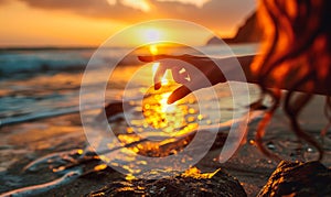 Creative traveler framing the setting sun with fingers on a beach, capturing the essence of wanderlust and destination dreaming