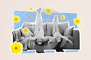 Creative trend collage of cute family mother daughter upside down lying sofa spend time together weird freak bizarre