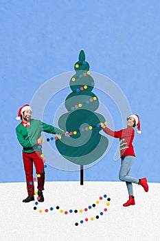 Creative trend collage of funny couple man woman decorate tree forest shopping preparation happy merry christmas new