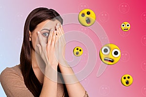 Creative trend collage of funny female hide face frightened amazed terrified emoji emoticon weird freak bizarre unusual