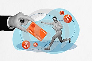 Creative trend collage of funny running hurry hand hold credit card entrepreneur man earning money concept billboard