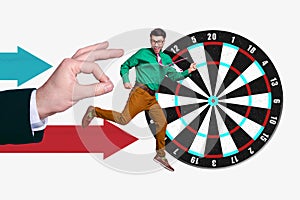 Creative trend collage of funny smiling positive male running arrows point darts board successful businessman money