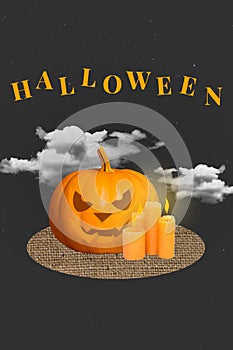 Creative trend collage of halloween pumpkin head carved face party clouds candles fire magazine surrealism template