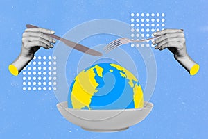 Creative trend collage of hands holding fork knife tableware ready cut eat mini planet earth globe meal bowl