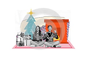 Creative trend collage of happy two teenagers excited winners receive presents house interior decoration christmas new