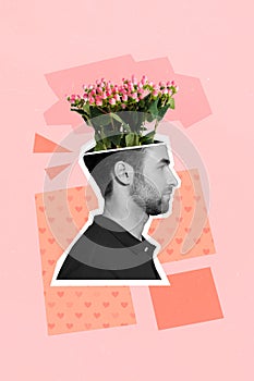 Creative trend collage of profile side face young handsome man with head flowers present for 8 march 14 february party