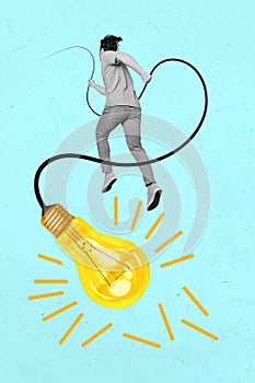 Creative trend collage of running young man holding cord wire electric light bulb fast hurry genius idea businessman