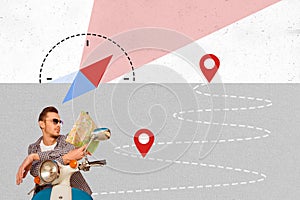 Creative trend collage of scooter driver geolocation compass orientation navigate adventure travel bizarre unusual