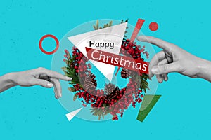 Creative trend collage of tree branches wreath decoration fingers touch happy merry christmas new year theme x-mas