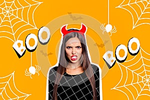 Creative trend collage of young attractive evil spooky creepy woman angry scare frighten boo fake red devil horns