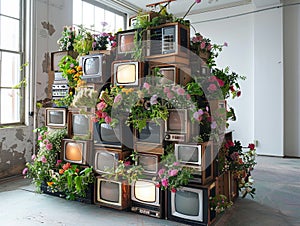 In a creative twist, a stack of old computer monitors blossoms into a dynamic art installation