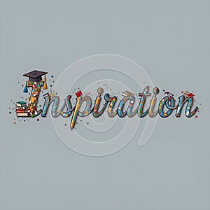 Elegant Typography of \'Inspiration\' with a Graduation Cap, Books, and Pencils photo