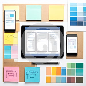 Creative UIUX Design Workspace with Wireframes