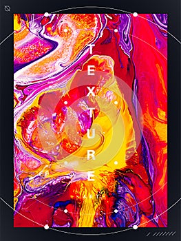 Creative universal cover with textures. Red, yellow and orange liquid paints mixing background. Hand drawn wave pattern