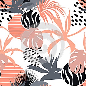 Creative universal floral background in tropical style. Hand Drawn textures.