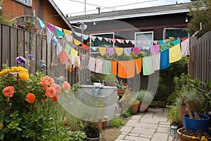 creative use of clothesline to add color and whimsy to outdoor space