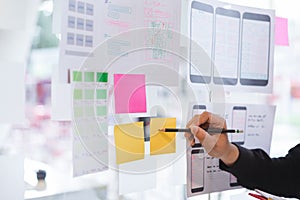 Creative ux designer hands sketching of screens for mobile responsive website development with UI/UX.