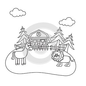 Creative vector childish Illustration. horse and lion in the field with cartoon style. Childish design for kids activity colouring