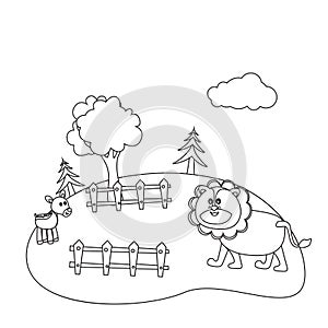 Creative vector childish Illustration. Lion in the field with cartoon style. Childish design for kids activity colouring book or