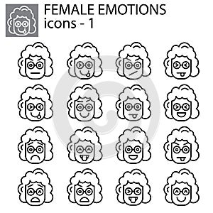 Creative vector icon set - Emoticons female. Set of smiley girl icons: different emotions. Vector icons of smiley