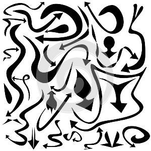 Creative vector illustration of black hand drawn arrows set isolated on transparent background. Art design grunge sketch
