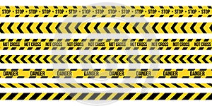 Creative vector illustration of black and yellow police stripe border. Set of danger caution seamless tapes. Art design line of cr