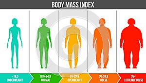 Creative vector illustration of bmi, body mass index infographic chart with silhouettes and scale isolated on