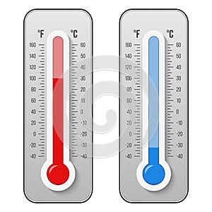 Creative vector illustration of celsius, fahrenheit meteorology thermometers scale isolated on background. Heat, hot, cold signs.