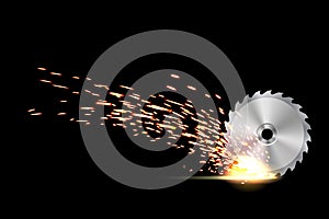 Creative vector illustration of circular saw blade for wood, metal work with welding metal fire sparks isolated on