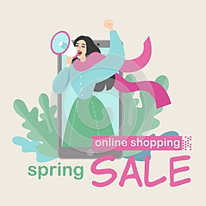 Creative vector illustration concept of online sales and advertising in mobile applications with a girl talking in a megaphone