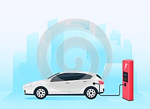 Creative vector illustration of electric charging future car, charger station isolated on transparent background. Art